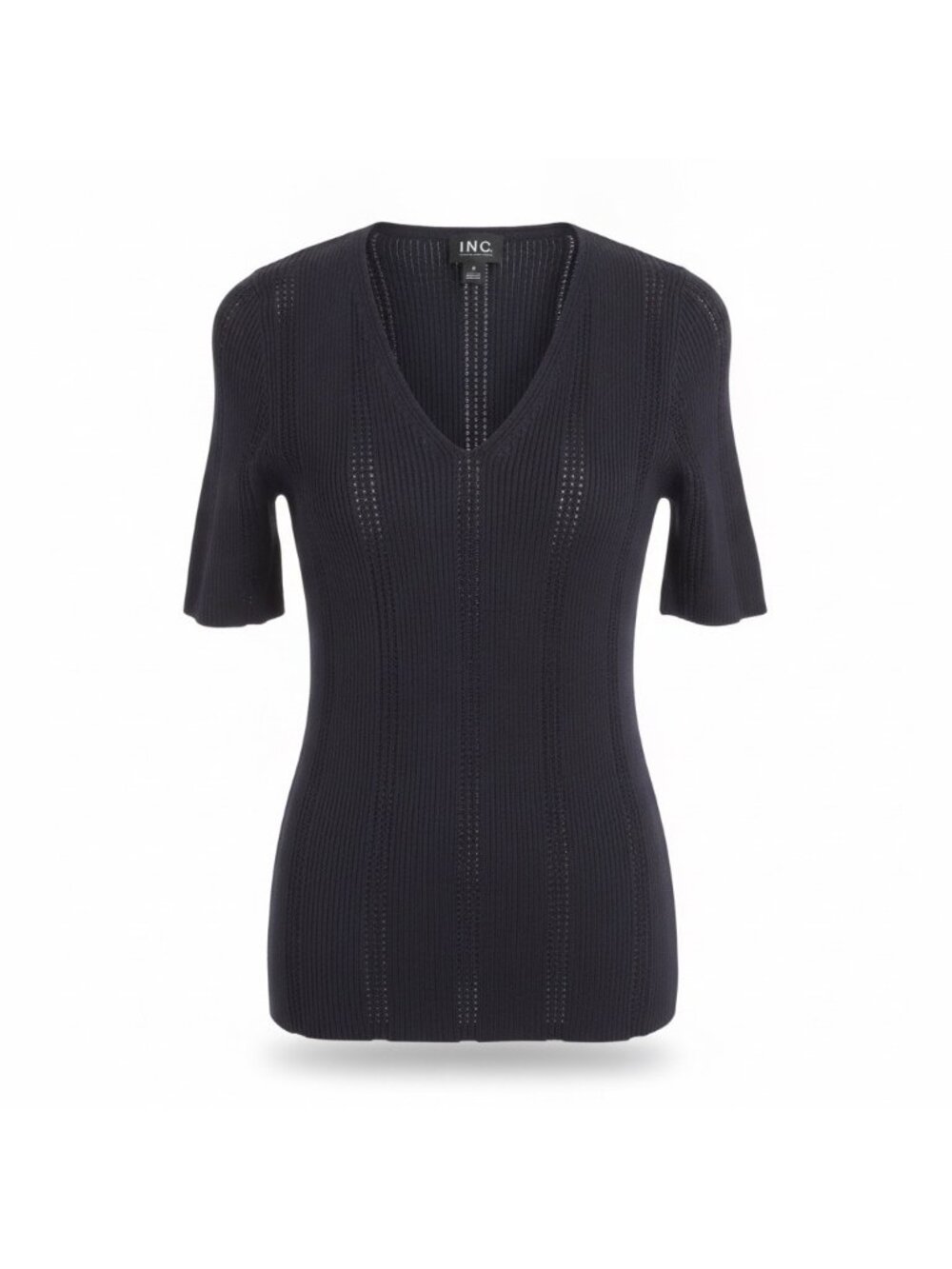 INC Womens Black Short Sleeve V-Neck Sweater Ribbed Knit Sz M
